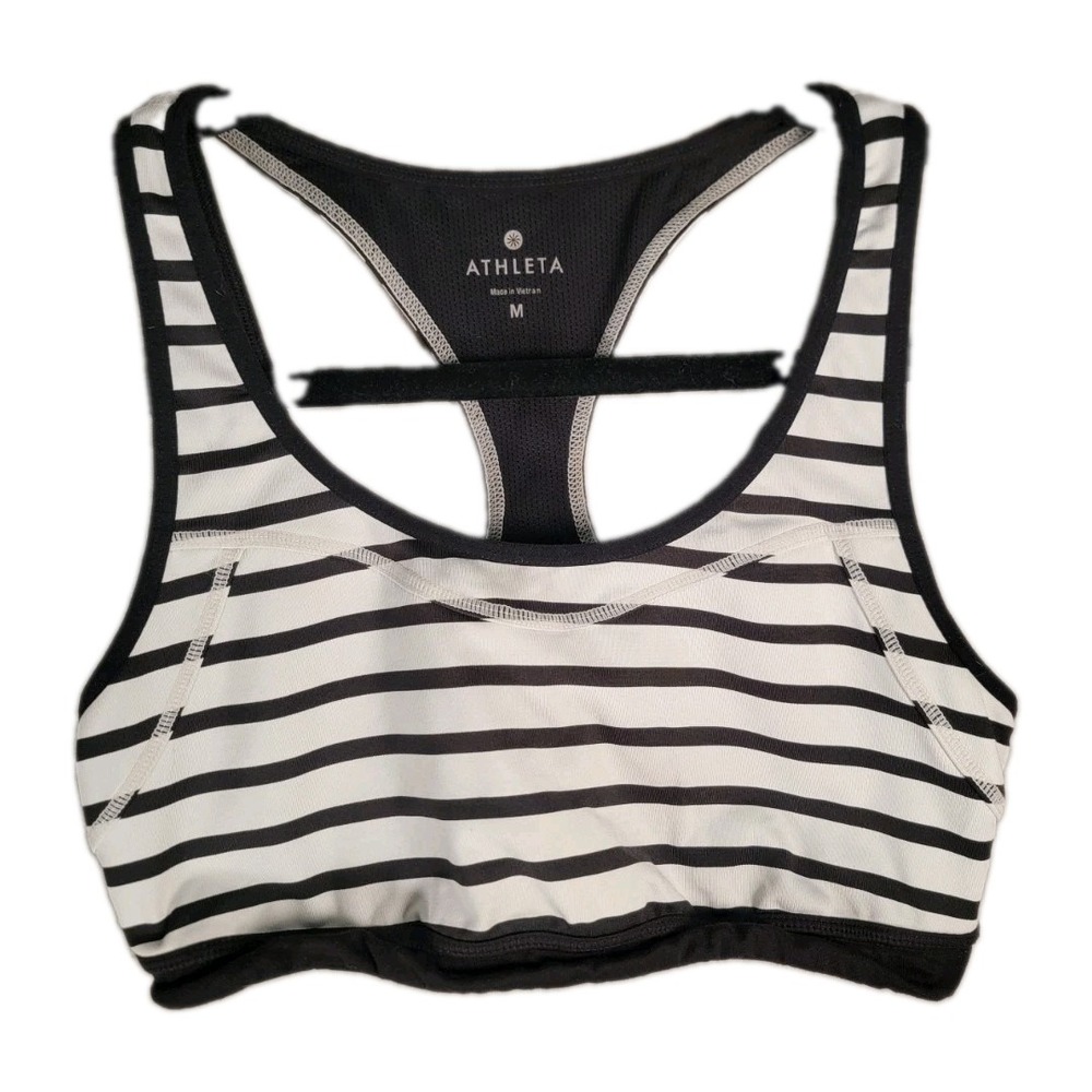 Athleta Womens Sports Bra Medium M Black White Striped Racerback Keyhole Yoga